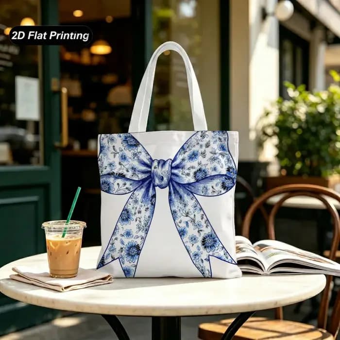 Sac fourre-tout de grande capacité à motifs floraux bleus et blancs avec nœud
