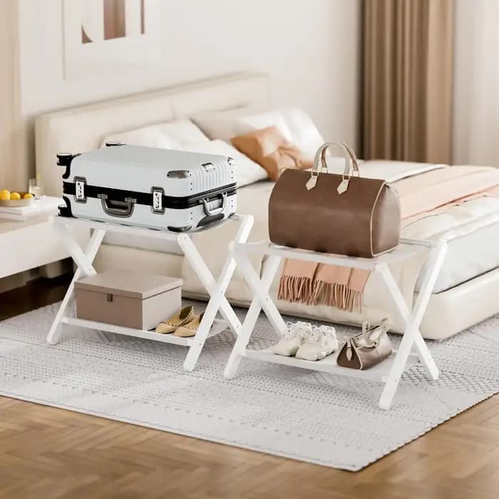 Support de valise pliant blanc avec étagère de rangement, porte-bagages en bambou avec 5 sangles en