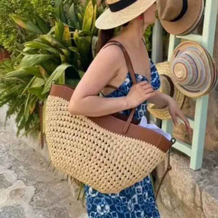 Sac fourre-tout léger en raphia et cuir PU ajouré