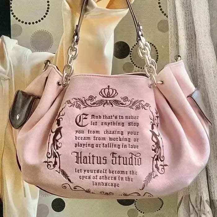 Sac à Main Gothique Rétro de Grande Capacité avec Lettres Brodées pour Femme, Sacoche à Bandoulière