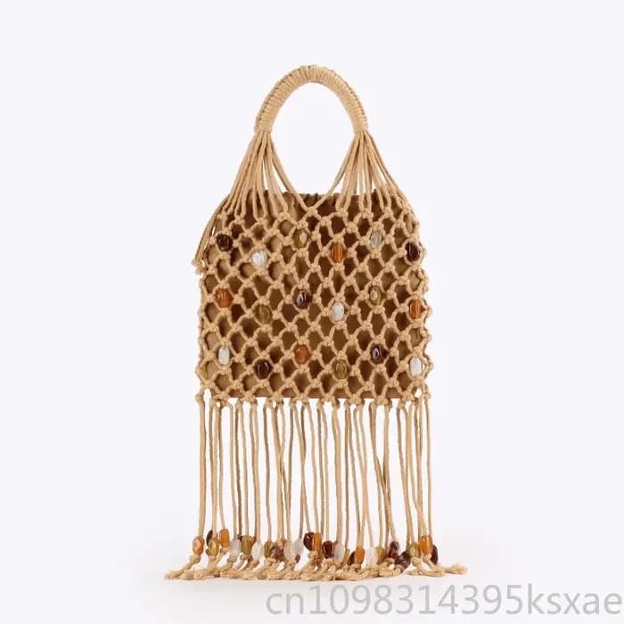 Sac fourre-tout tressé fait main pour femme avec franges à pampilles et détails perlés, style bohème, pour l'été, la plage et le quotidien