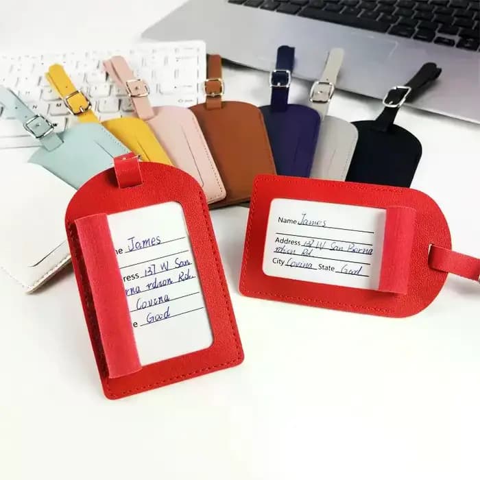 Étiquette de bagage en cuir PU pour valise, porte-nom et adresse, accessoire de voyage pour femmes et hommes