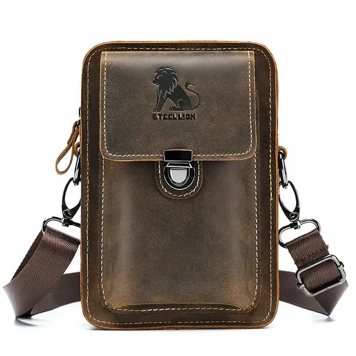 Crazy Horse peau hommes portant ceinture téléphone taille sac couche supérieure peau de vache multi