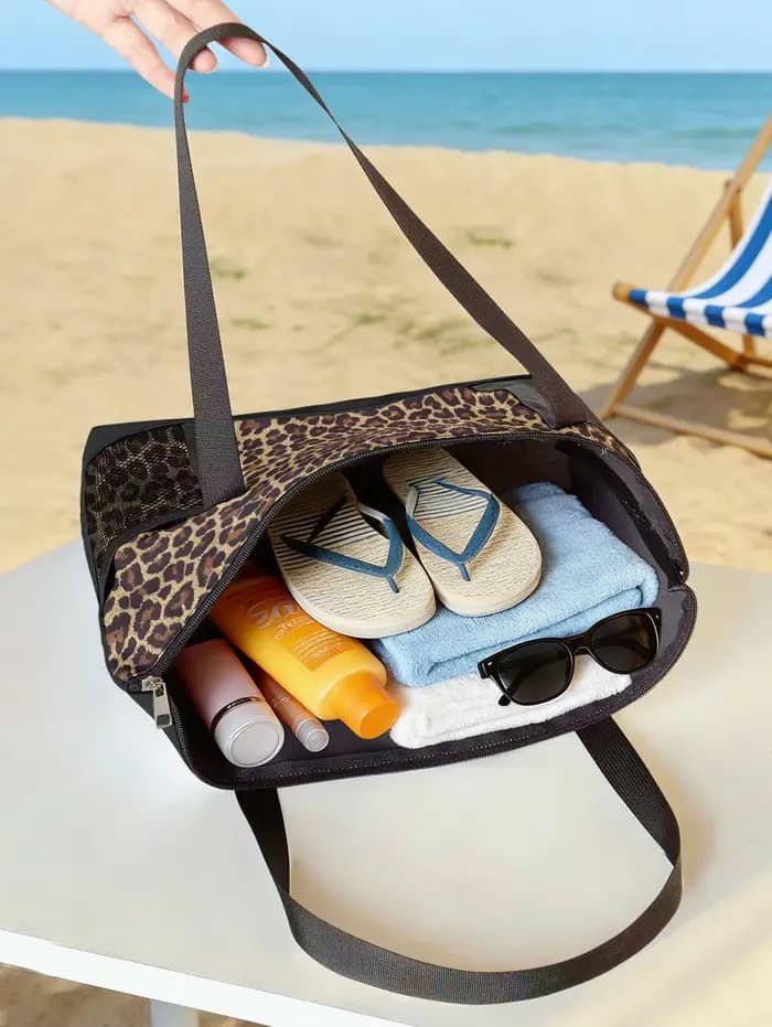 Sac de plage classique à imprimé léopard avec poche latérale en maille
