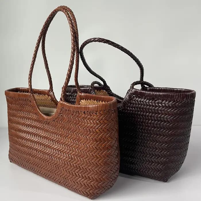 Sac fourre-tout vintage en cuir véritable tissé à la main