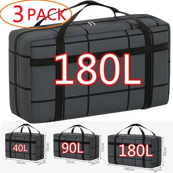 3/1 pièces énormes sacs mobiles durables 180L 40L 90L grand sac de rangement robuste sac à dos de voyage sangle poignées solides fermetures éclair grands fourre-tout