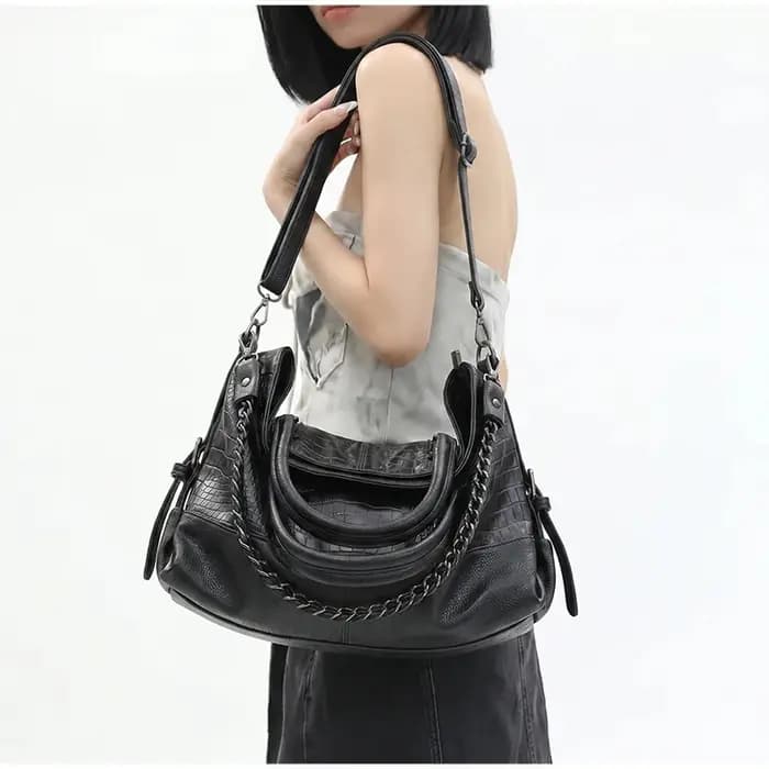 Sac à bandoulière en cuir PU vintage à texture croco, grand sac fourre-tout pour femme, sac à main avec chaîne décorative pour le travail et les trajets quotidiens