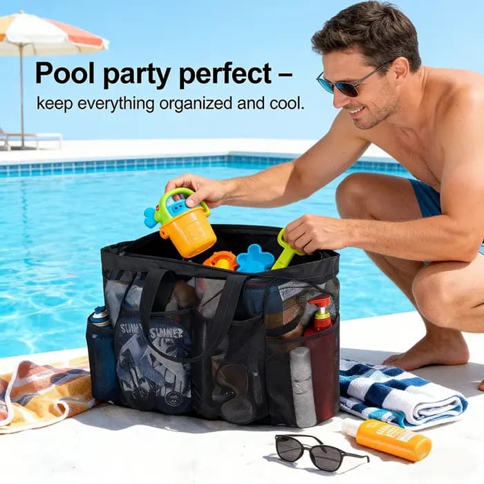 Grand sac de plage en maille avec fermeture éclair et poche