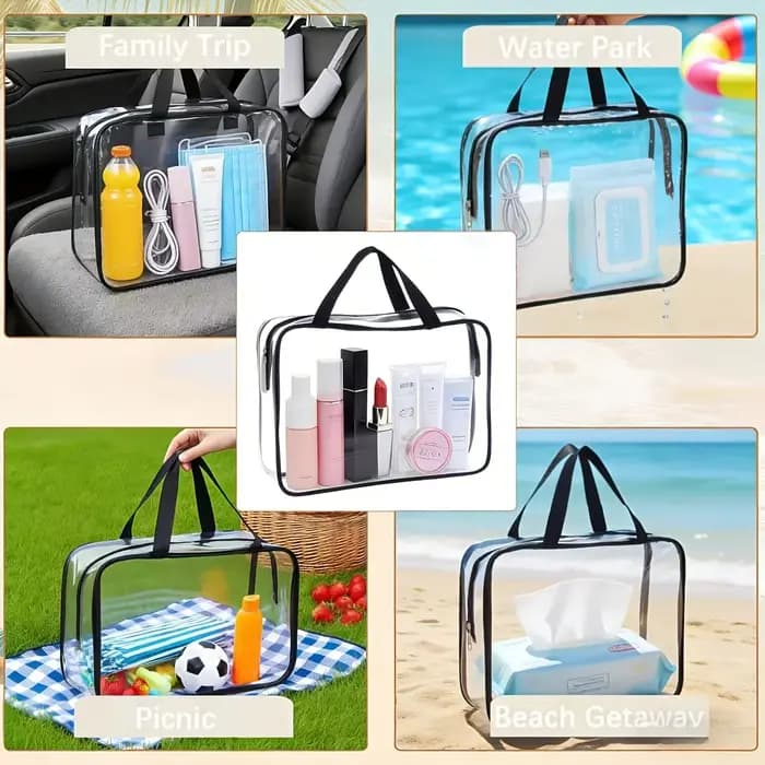 1 sac de rangement en plastique transparent de grande capacité, équipé d'un tirette et d'une poignée robustes. Convient aux articles de voyage