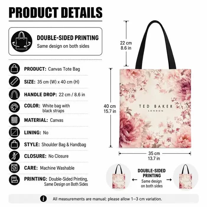 Sacs de rangement de la marque Ted Baker, sac fourre-tout en toile, pliable, réutilisable, pour les courses, les cadeaux, les trajets domicile-travail