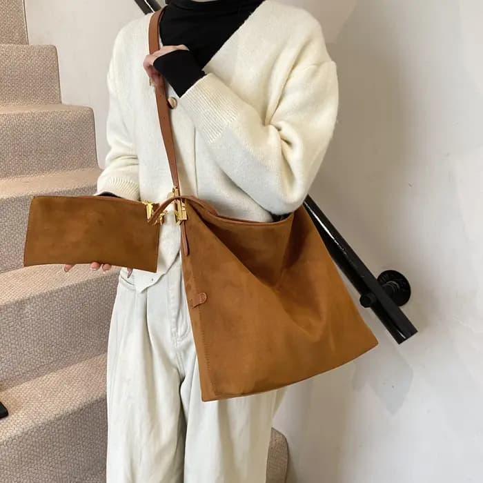 2 ensembles sac à bandoulière seau pour femmes haute capacité Vintage gommage en cuir sac de messager café marron