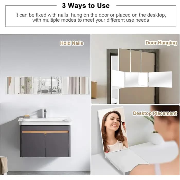 Miroir cosmétique de vanité portable à trois volets avec crochets réglables en hauteur pour un maquillage auto-coupe de cheveux pliable pour le bain et les voyages