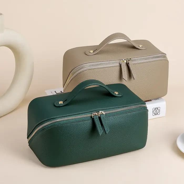 Sac à cosmétiques en cuir véritable de grande capacité pour femme ou fille