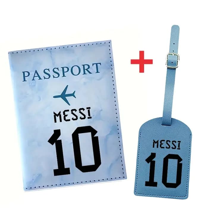 Messi Travel Essentials : Porte-passeport anti-RFID + Ensemble d'étiquettes de bagages en cuir pour femmes et hommes, accessoires de protection pour billets, CADEAU