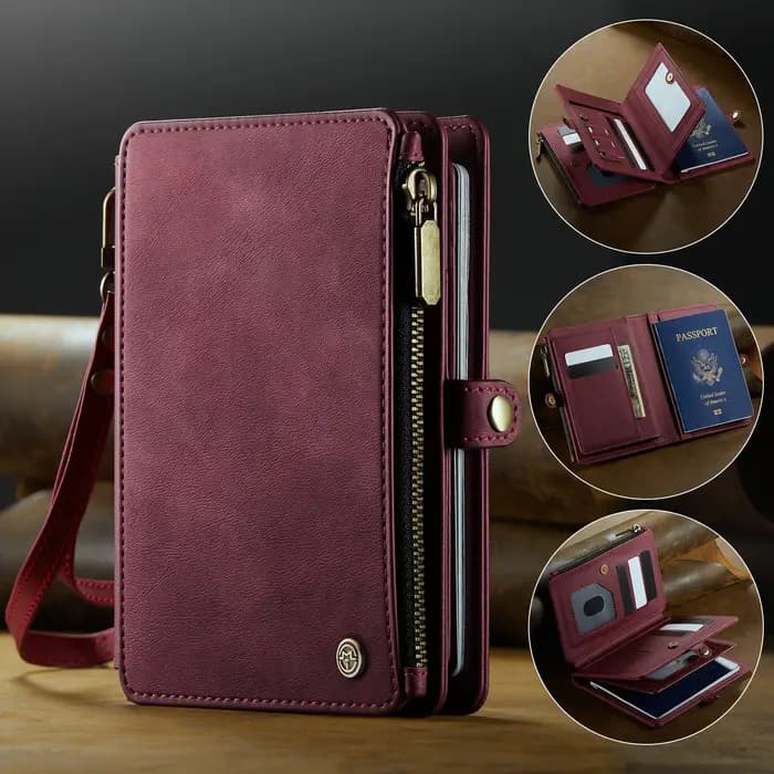 Porte-passeport multifonction rétro Caseme pour les voyages, étui à passeport avec sangle de poignet et portefeuille à fermeture éclair, haute qualité