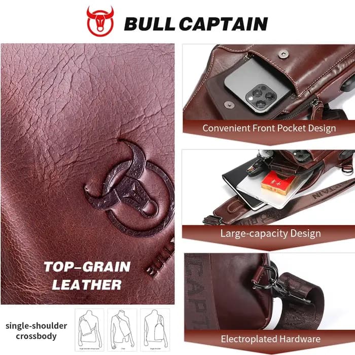 Sac à dos bandoulière en cuir véritable BULLCAPTAIN pour homme