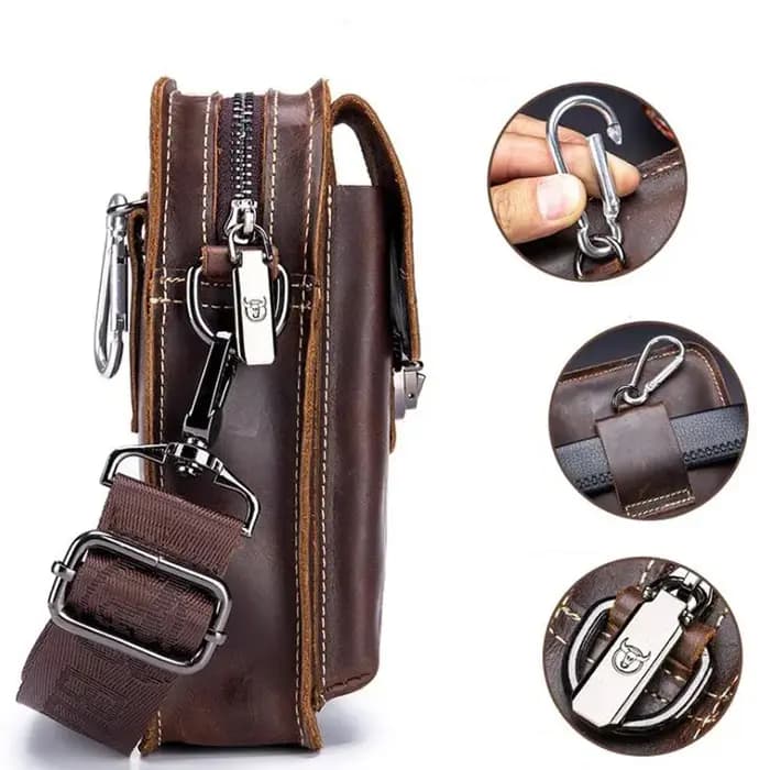 BULLCAPTAIN Crazy horse cuir mâle taille Packs téléphone pochette sacs