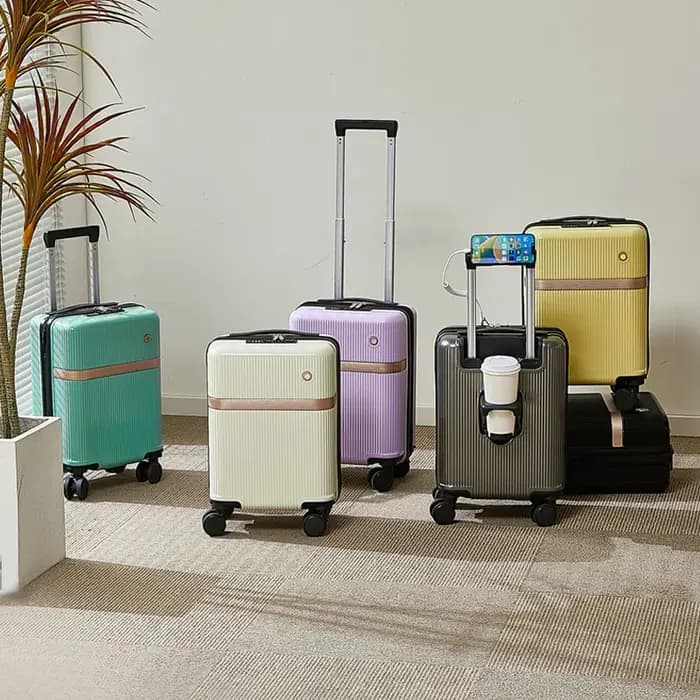 Nouveau bagage à main à la mode de 14 pouces avec taille de cabine, étui d'embarquement avec porte-gobelet/support pour téléphone portable/roues universelles amovibles/verrouillage par mot de passe/in