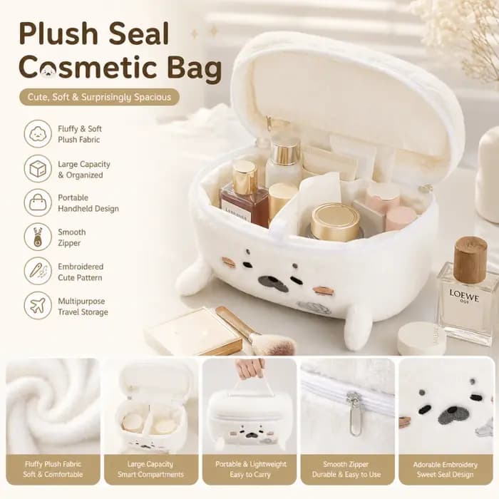 Trousse de Maquillage Grande Capacité Portable Motif Brodé en Forme de Phoque Mignon – Sac Cosmétique Multifonctionnel de Voyage