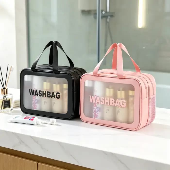 Trousse de Toilette Grande Capacité Imperméable en PU Givré Double Couche Séparation Humide/Sèche pour Voyage