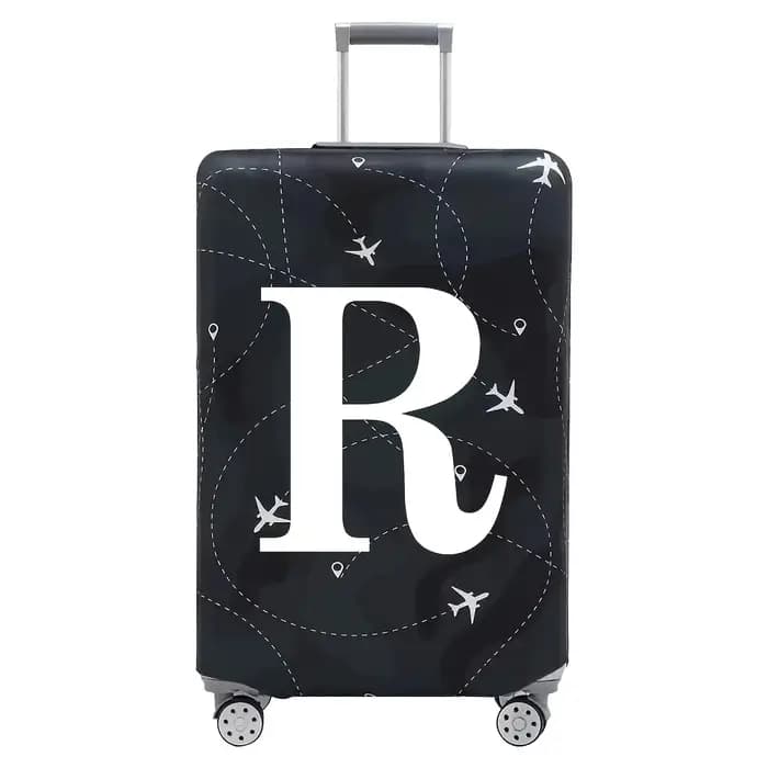 Cette housse de valise extensible s'adapte aux valises de 18 à 32 pouces et présente un motif de lettres A-Z blanches imprimé sur la surface.