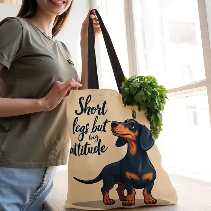 Sac fourre-tout amusant en polyester durable à grande capacité avec motif de dessin animé Teckel « Jambes courtes