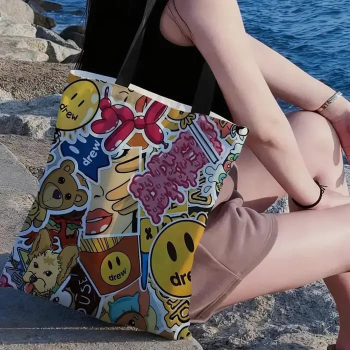 Sac à bandoulière en toile grande capacité motif dessin animé Mushroom Head Drew House - Sac fourre-tout décontracté polyvalent pour femme