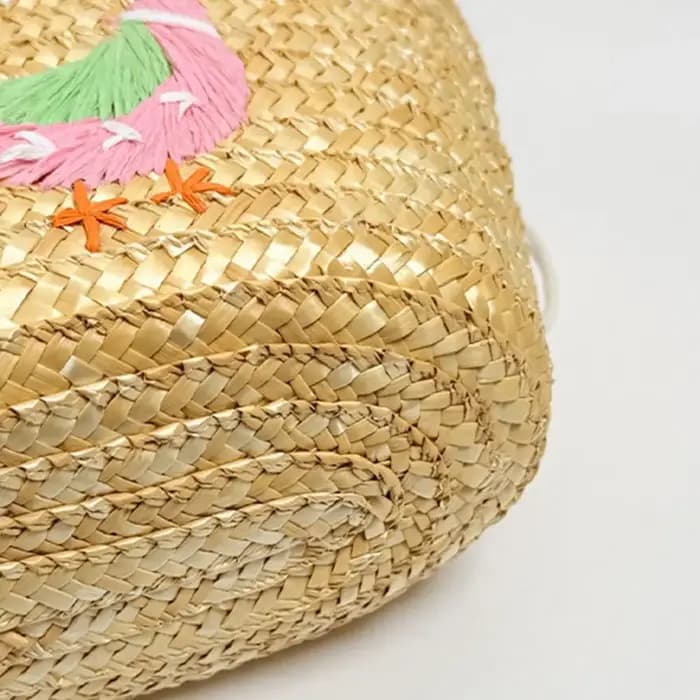 Sac de plage d'été en paille brodée grande capacité motif cocotier