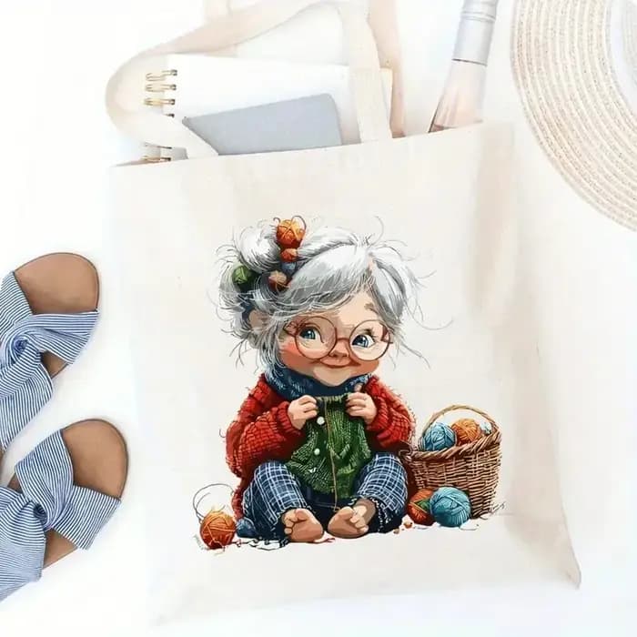 Sac à main esthétique en toile au crochet pour grand-mère - Sac à bandoulière réutilisable écologique avec imprimé