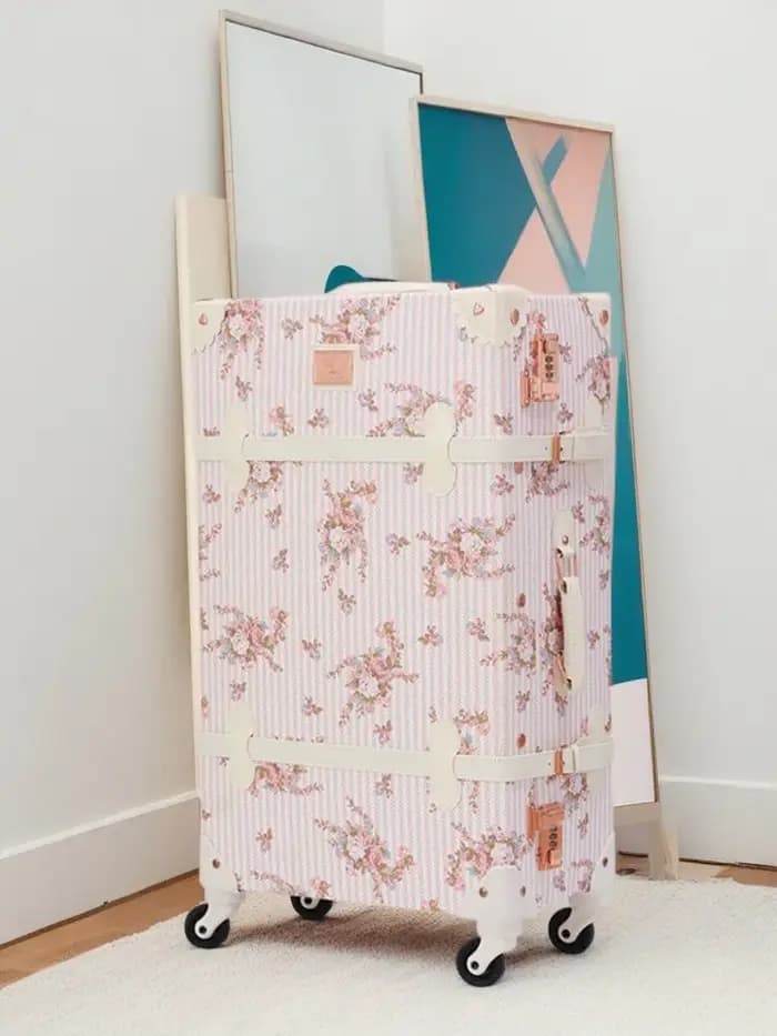 Valise de cabine à imprimé floral de créateur-bagage spinner en cuir PU avec étui à cosmétiques