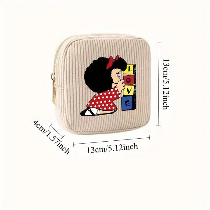 【Trousse à cosmétiques en velours côtelé】 1 pièce Cube sac de maquillage-MAFALDA motif de dessin animé petit sac de