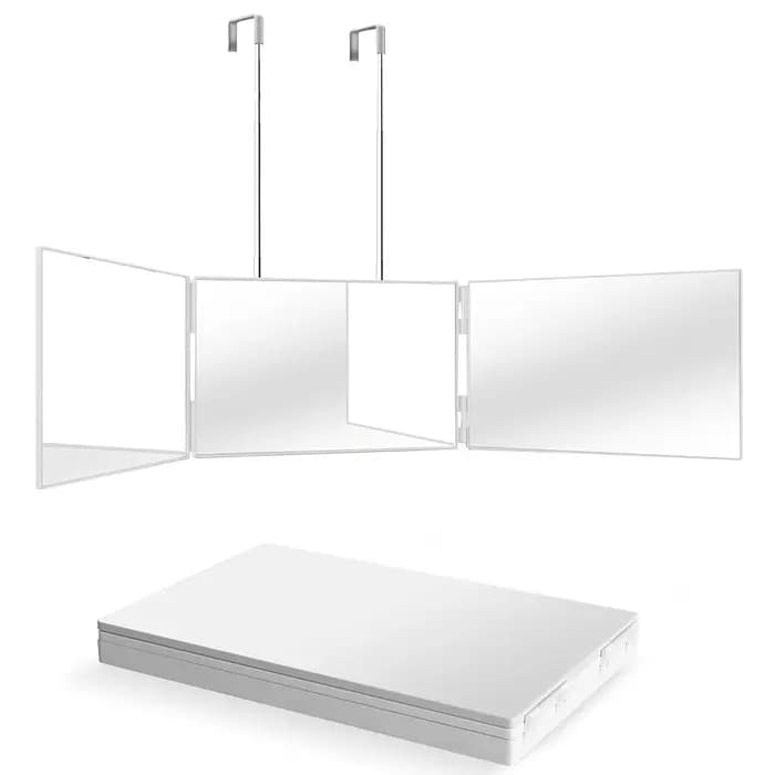 Miroir cosmétique de vanité portable à trois volets avec crochets réglables en hauteur pour un maquillage auto-coupe de cheveux pliable pour le bain et les voyages