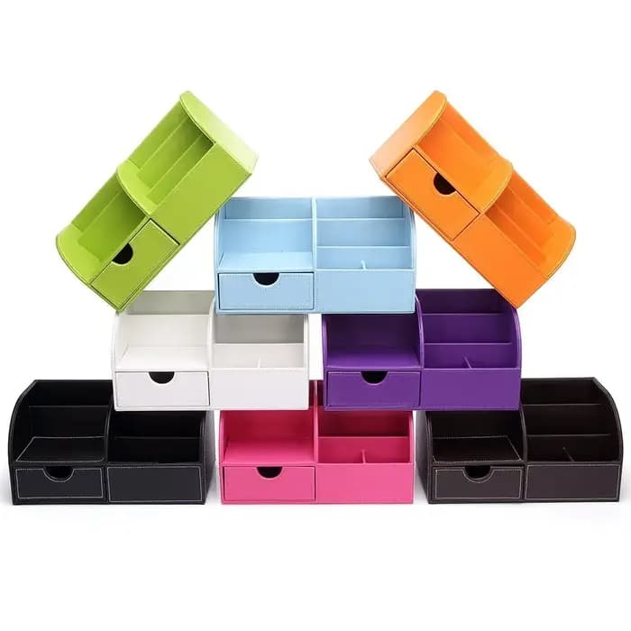 Organisateur de bureau en cuir multifonction, fournitures de bureau à domicile, boîte de rangement à 6 compartiments, Collection avec tiroir