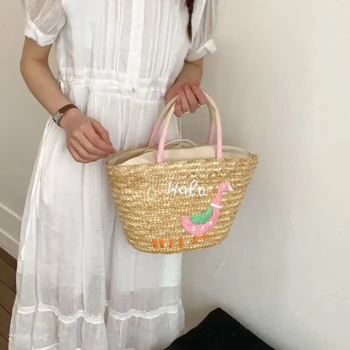 Sac de plage d'été en paille brodée grande capacité motif cocotier