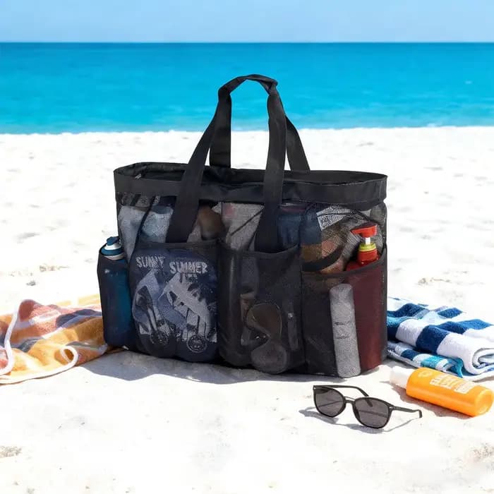 Grand sac de plage en maille avec fermeture éclair et poche