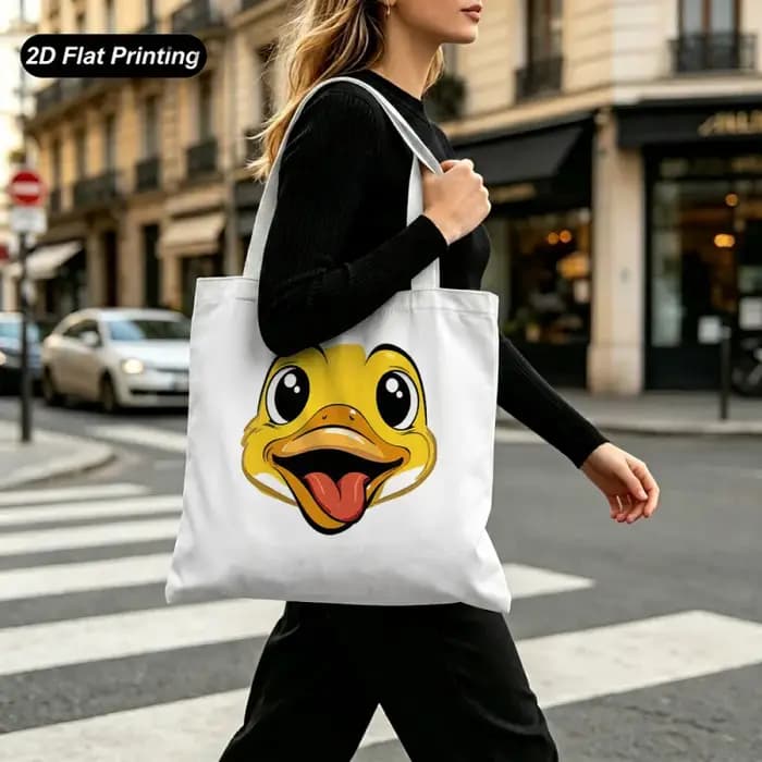 Sac fourre-tout imprimé à plat de grande capacité avec dessin animé du petit canard jaune 2D