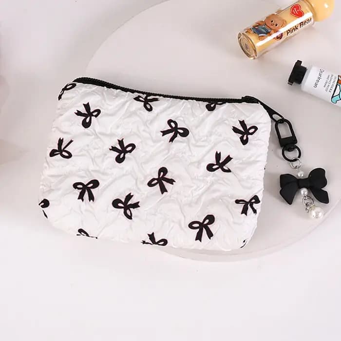 Pochette cosmétique plissée avec nœud | Pochette de maquillage en coton pour femmes, matelassée, d