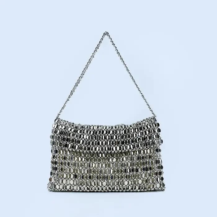 Sac rétro argenté à paillettes métalliques pour femmes, sac à main tissé à la main haut de gamme, sa
