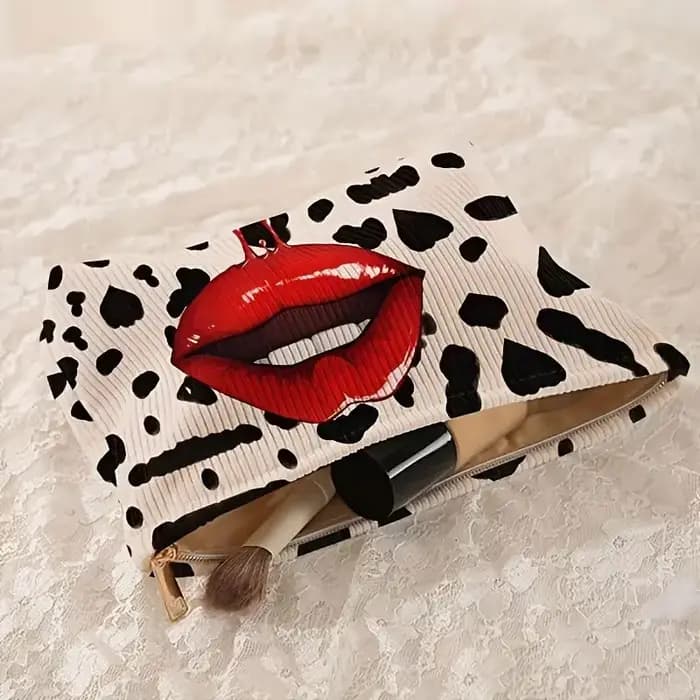 Pochette à maquillage en velours côtelé rouge – Organisateur de cosmétiques avec motifs cœur et baiser audacieux
