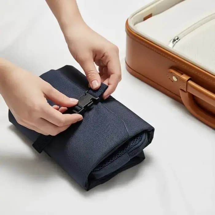 Trousse de Toilette Pliable Imperméable Style Japonais avec Crochet – Organisateur Portable pour Voyages d'Affaires