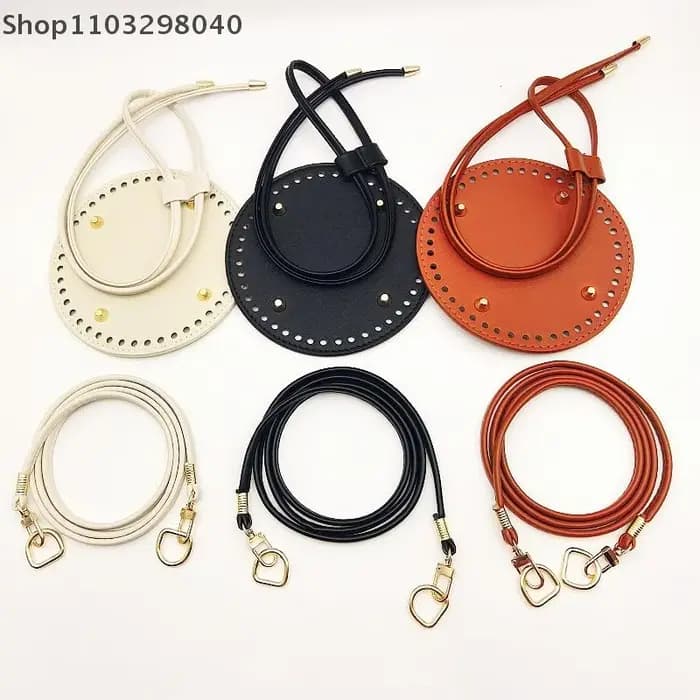 Lot de 3 sacs tissés au crochet ronds en cuir PU pour bricolage avec base inférieure durable de couleur unie – Accessoires de sac à cordon faits à la main
