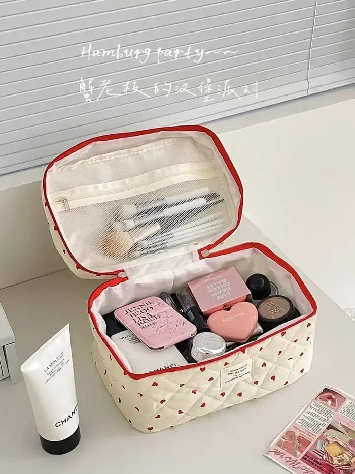 Sacs cosmétiques en velours côtelé mignons en forme de cœur pour femmes