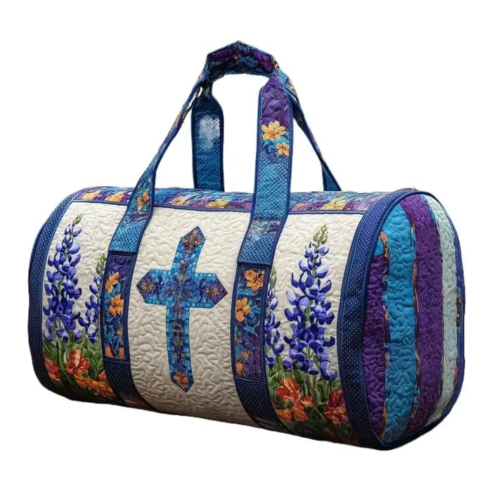 Sac de voyage cylindrique en toile matelassée 3D avec motif floral bleu croisé