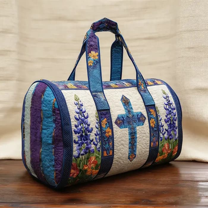 Sac de voyage cylindrique en toile matelassée 3D avec motif floral bleu croisé