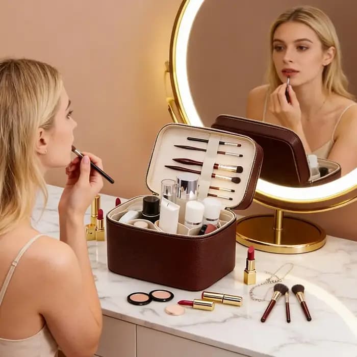 Sac cosmétique double couche en cuir PU