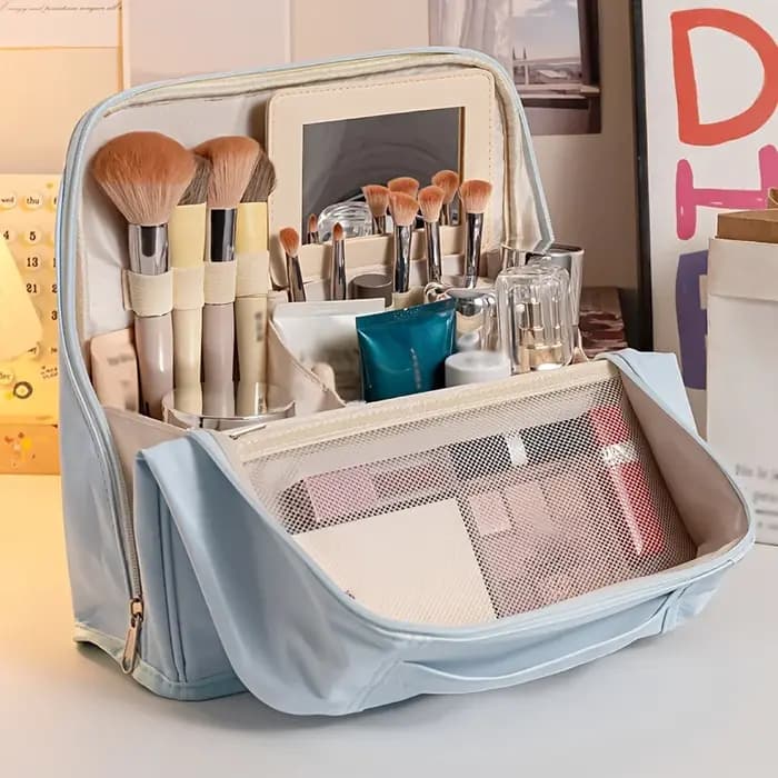 Grande Trousse de Toilette Verticale en PU Grande Capacité, Organisateur de Maquillage Portable, Pochette de Rangement pour Voyage, Maison et Quotidien, pour Cosmétiques et Articles de Toilette