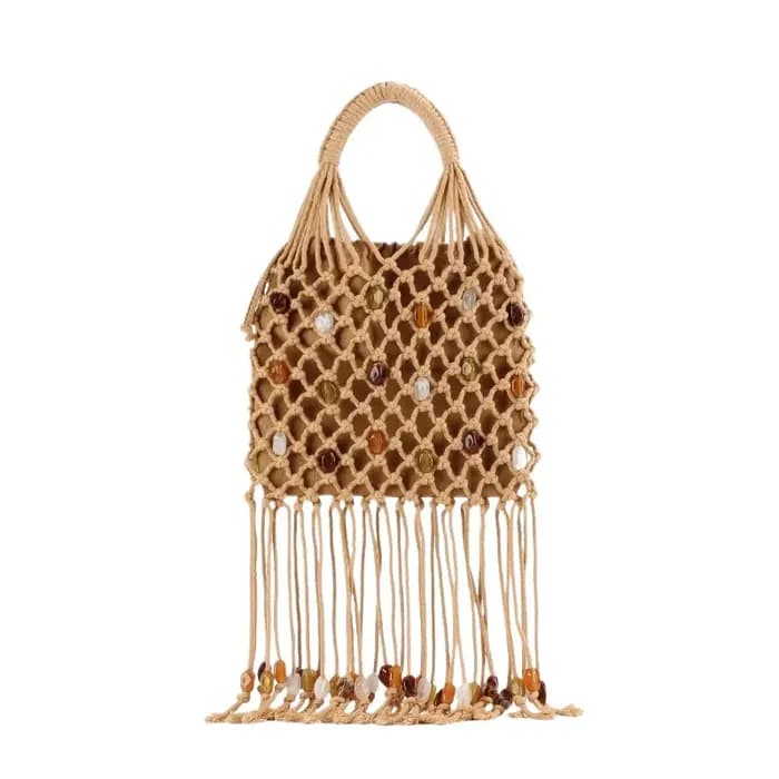 Sac fourre-tout tressé fait main pour femme avec franges à pampilles et détails perlés, style bohème, pour l'été, la plage et le quotidien