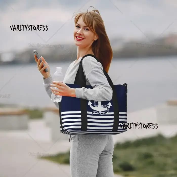 Sac fourre-tout de plage personnalisé à rayures bleu marine et ancre blanche pour femmes