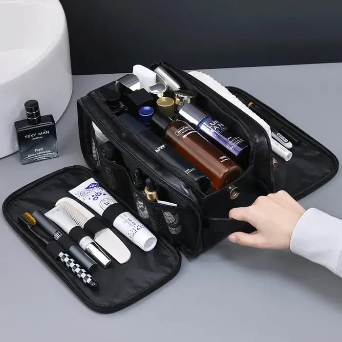 Trousse de toilette multi-poches en PU pour femmes et hommes