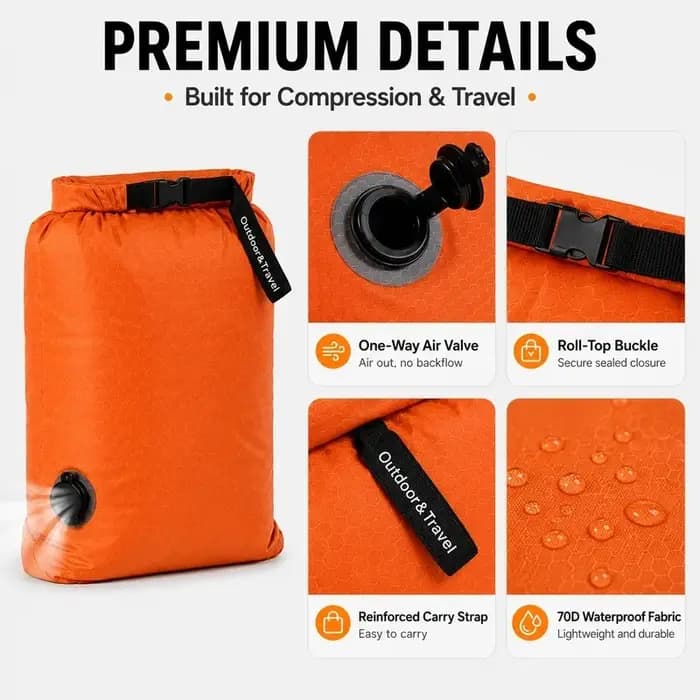 Sac de compression sous vide de voyage 70D TPU étanche avec fermeture roll-top et valve unidirectionnelle pour vêtements de camping